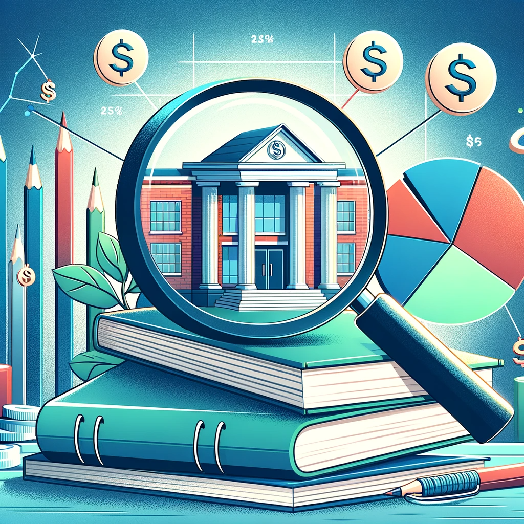 DALL·E 2023 11 30 14.04.24 An illustration symbolizing financial scrutiny and education investment for a featured article. The image shows a magnifying glass over a stack of sch
