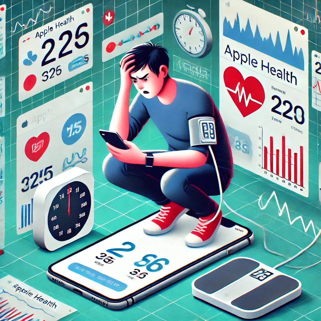 DALL·E-2024-06-29-17.57.11-An-image-of-a-frustrated-user-trying-to-navigate-the-Apple-Health-app-on-an-iPhone-with-health-data-devices-like-a-blood-pressure-monitor